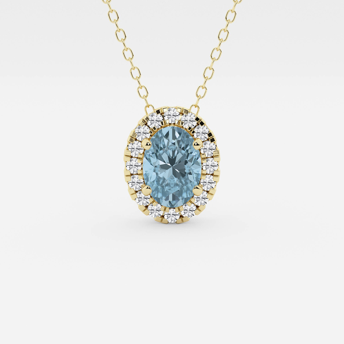 7.9x5.53 mm Oval Created Aquamarine and 1/5 ctw Round Lab Grown Diamond Halo Pendant with Adjustable Chain