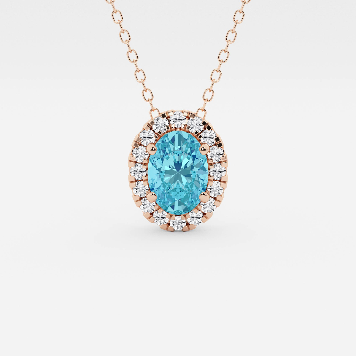 7.9x5.53 mm Oval Created Blue Topaz and 1/5 ctw Round Lab Grown Diamond Halo Pendant with Adjustable Chain