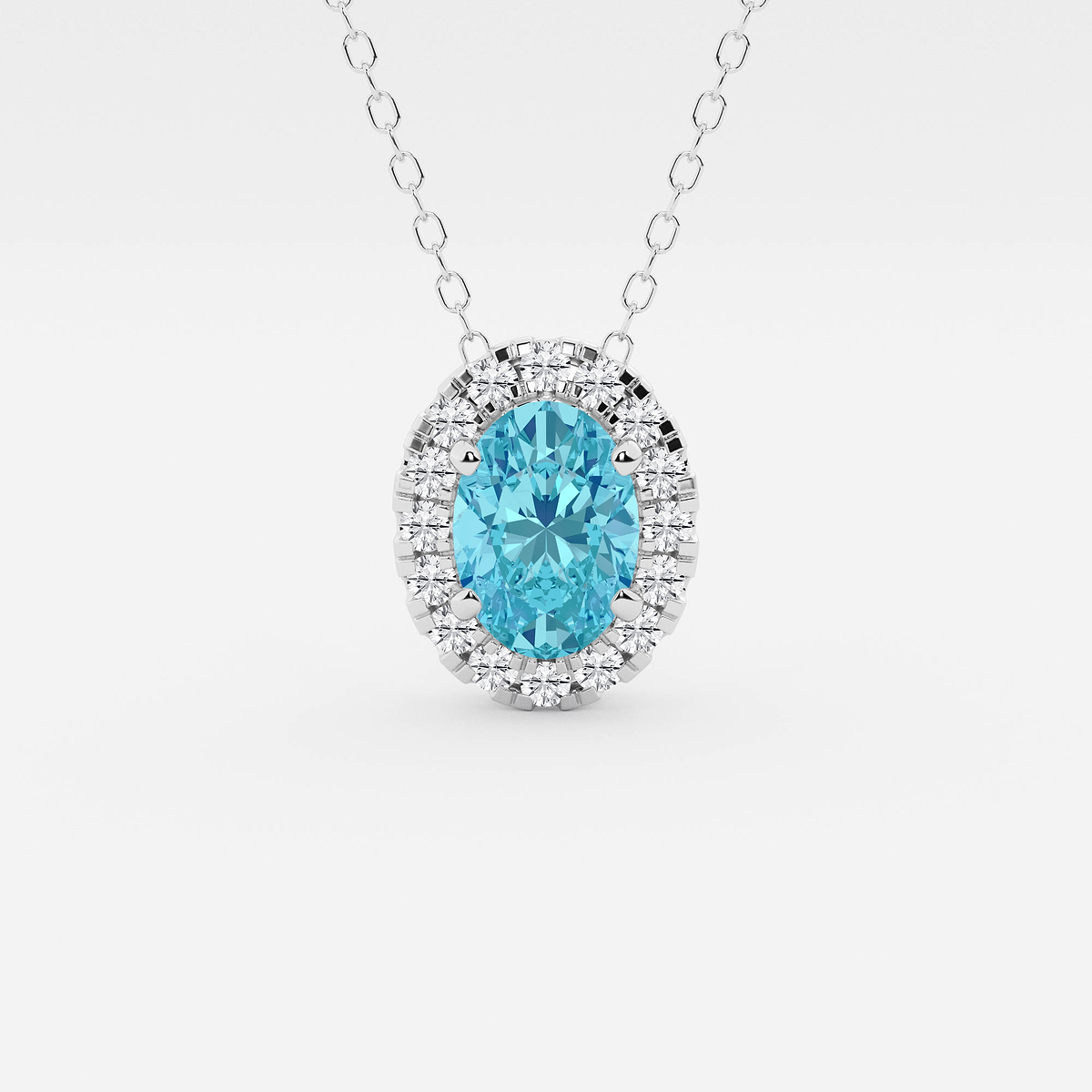 7.9x5.53 mm Oval Created Blue Topaz and 1/5 ctw Round Lab Grown Diamond Halo Pendant with Adjustable Chain