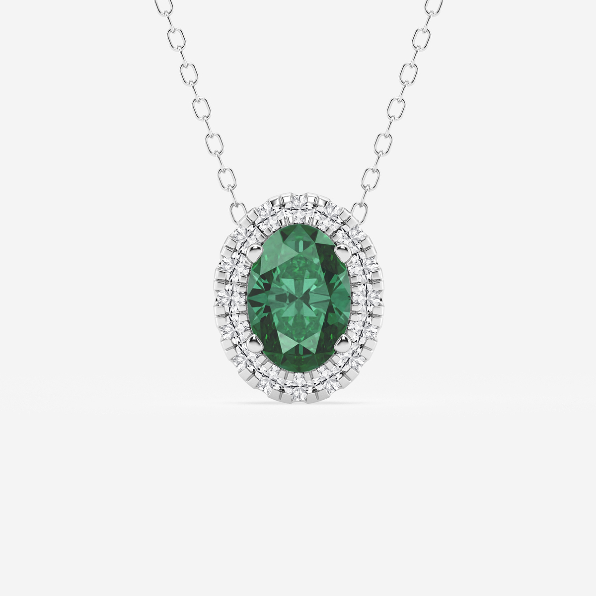 7.9x5.53 mm Oval Created Emerald and 1/5 ctw Round Lab Grown Diamond Halo Pendant with Adjustable Chain