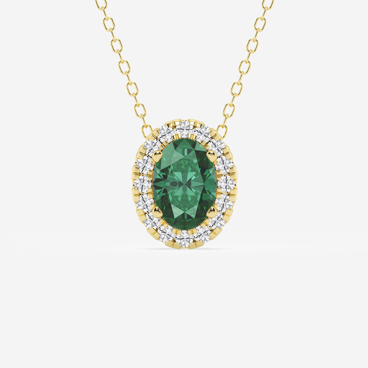 7.9x5.53 mm Oval Created Emerald and 1/5 ctw Round Lab Grown Diamond Halo Pendant with Adjustable Chain