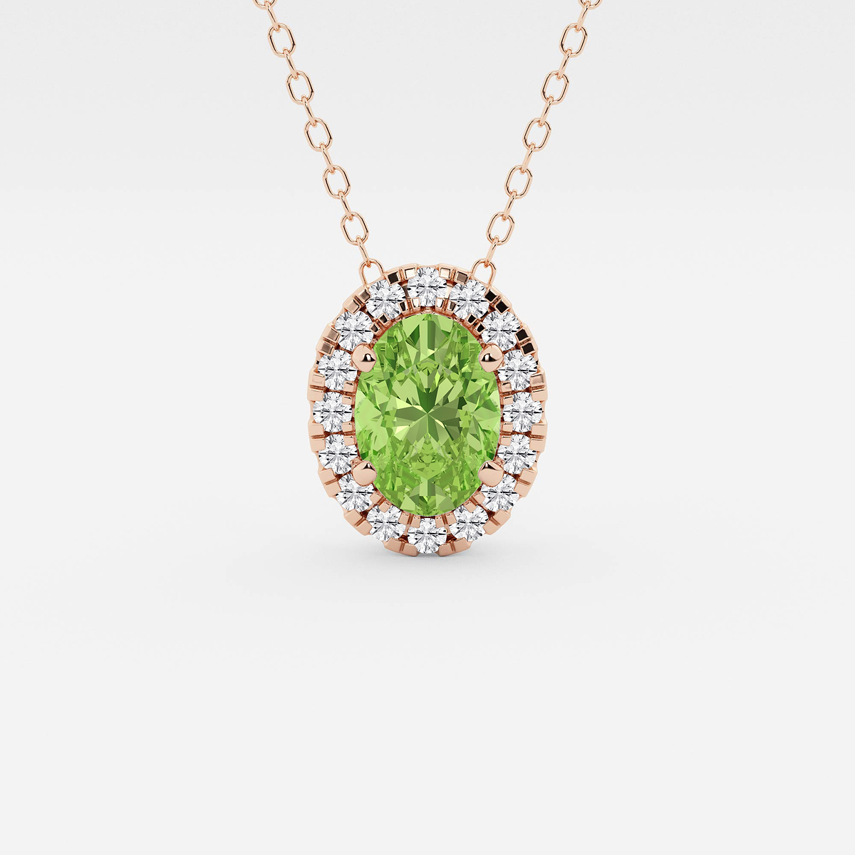 7.9x5.53 mm Oval Created Peridot and 1/5 ctw Round Lab Grown Diamond Halo Pendant with Adjustable Chain
