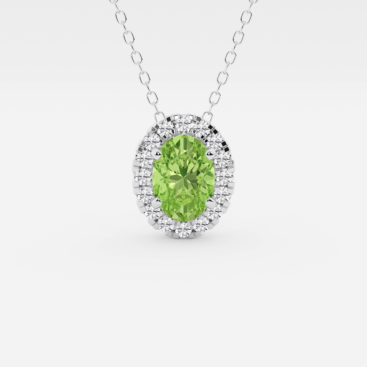 7.9x5.53 mm Oval Created Peridot and 1/5 ctw Round Lab Grown Diamond Halo Pendant with Adjustable Chain