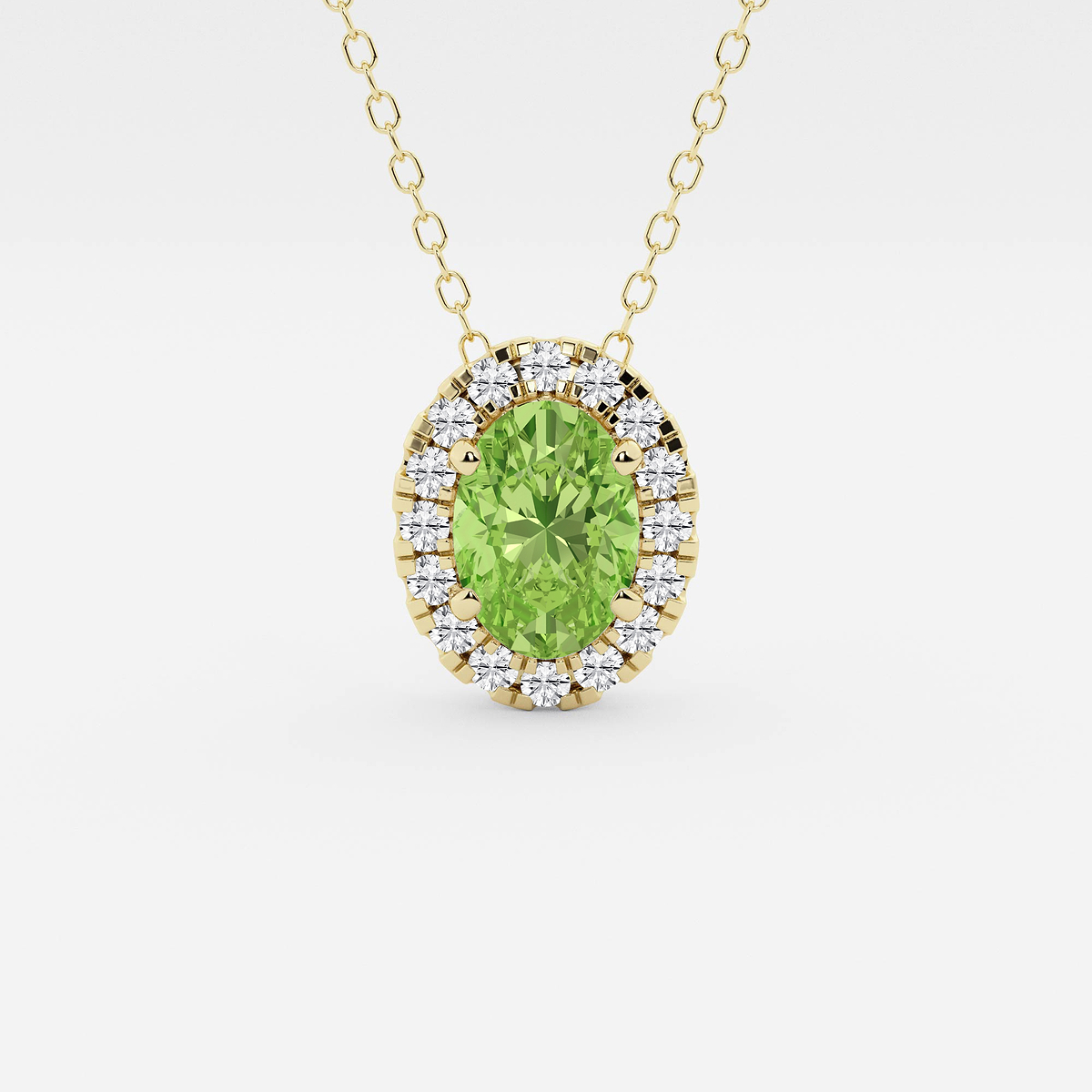 7.9x5.53 mm Oval Created Peridot and 1/5 ctw Round Lab Grown Diamond Halo Pendant with Adjustable Chain