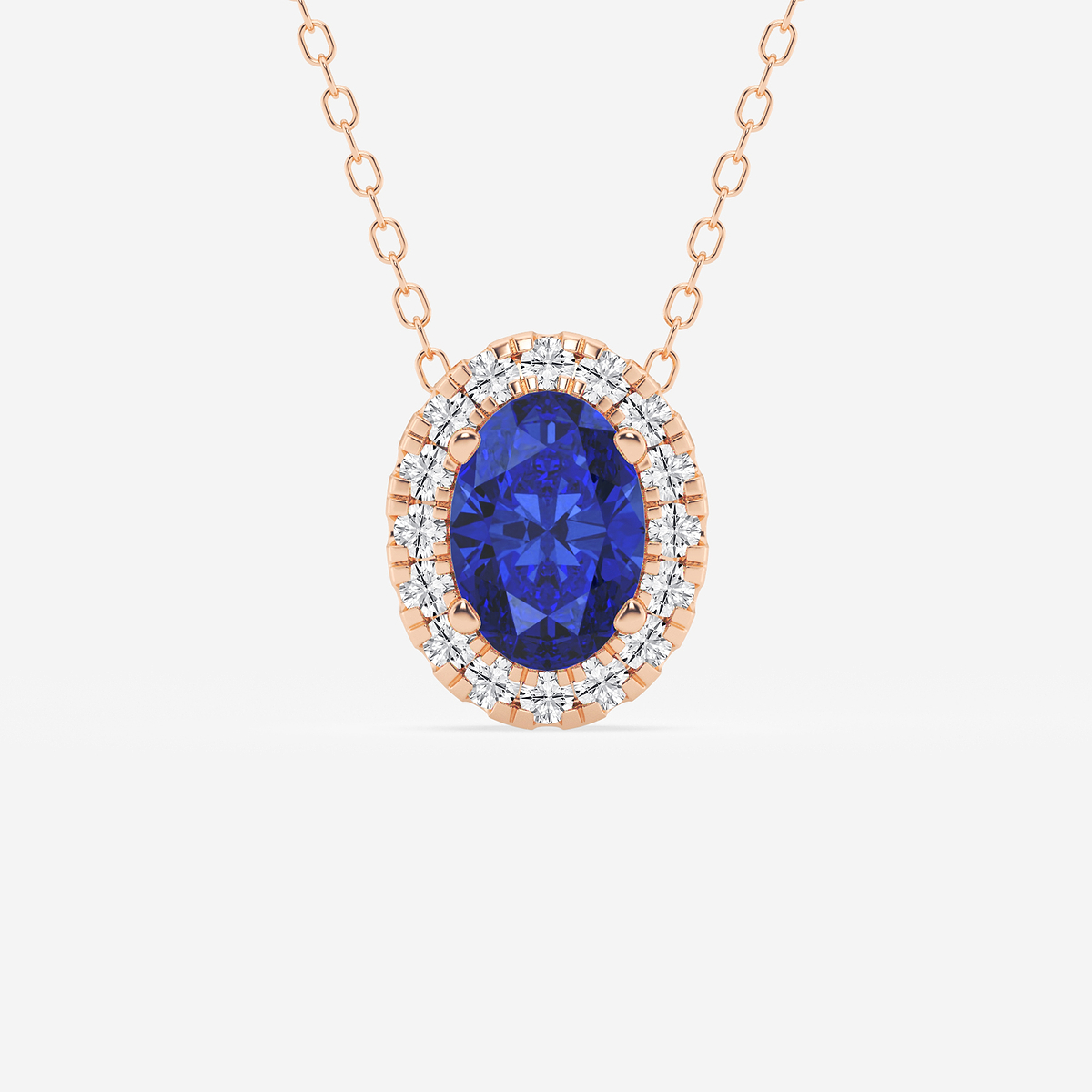 7.9x5.53 mm Oval Created Sapphire and 1/5 ctw Round Lab Grown Diamond Halo Pendant with Adjustable Chain