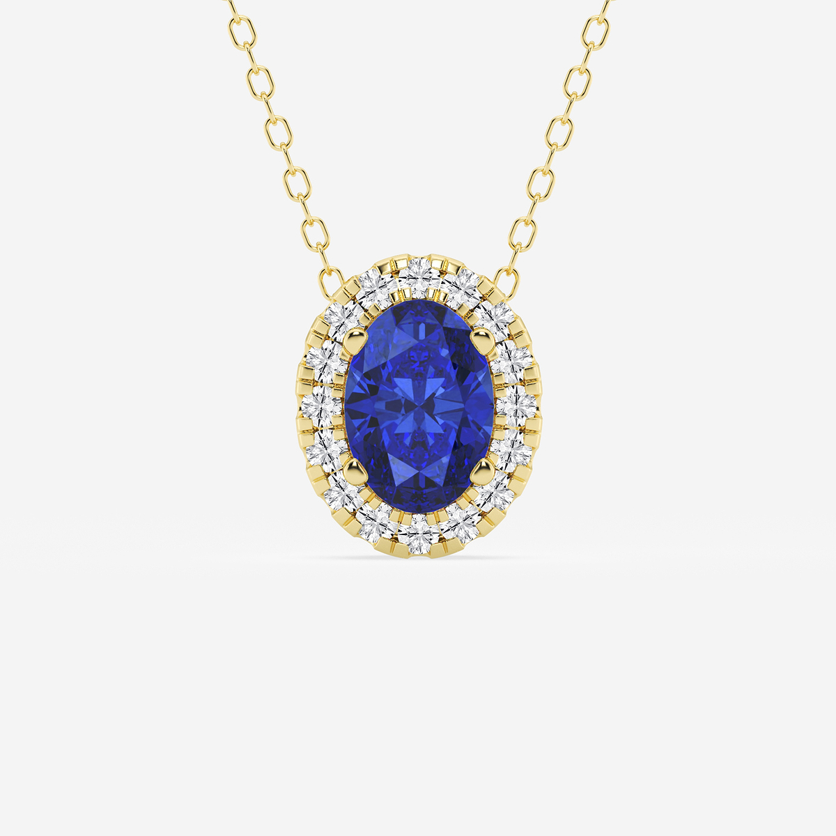 7.9x5.53 mm Oval Created Sapphire and 1/5 ctw Round Lab Grown Diamond Halo Pendant with Adjustable Chain