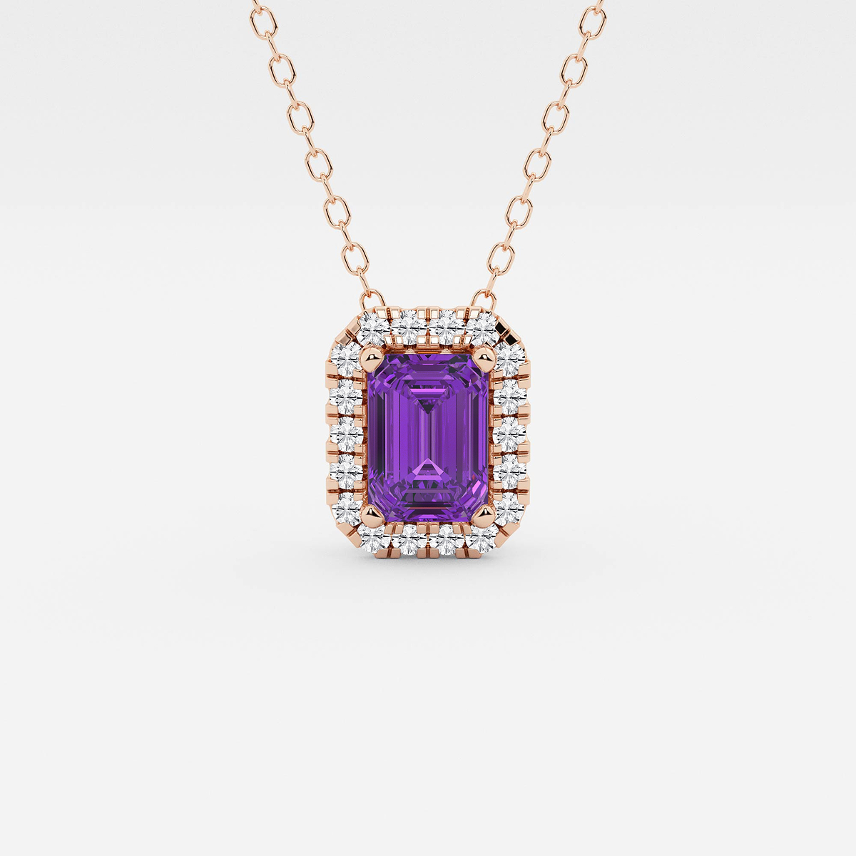 6.7x4.69 mm Emerald Cut Created Amethyst and 1/5 ctw Round Lab Grown Diamond Halo Pendant with Adjustable Chain