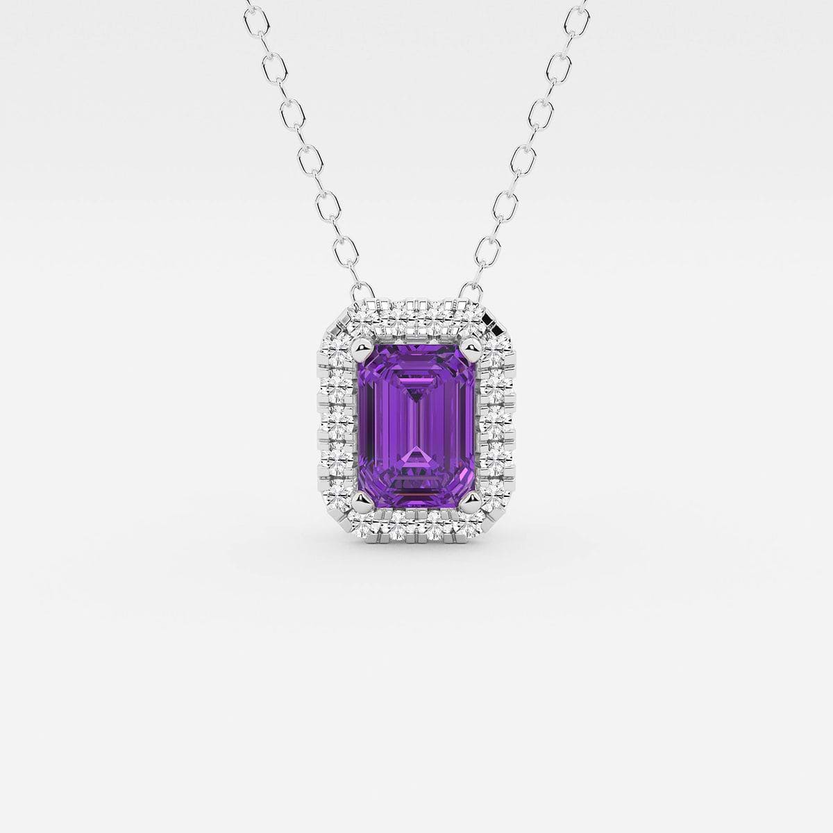 6.7x4.69 mm Emerald Cut Created Amethyst and 1/5 ctw Round Lab Grown Diamond Halo Pendant with Adjustable Chain 14K White Gold