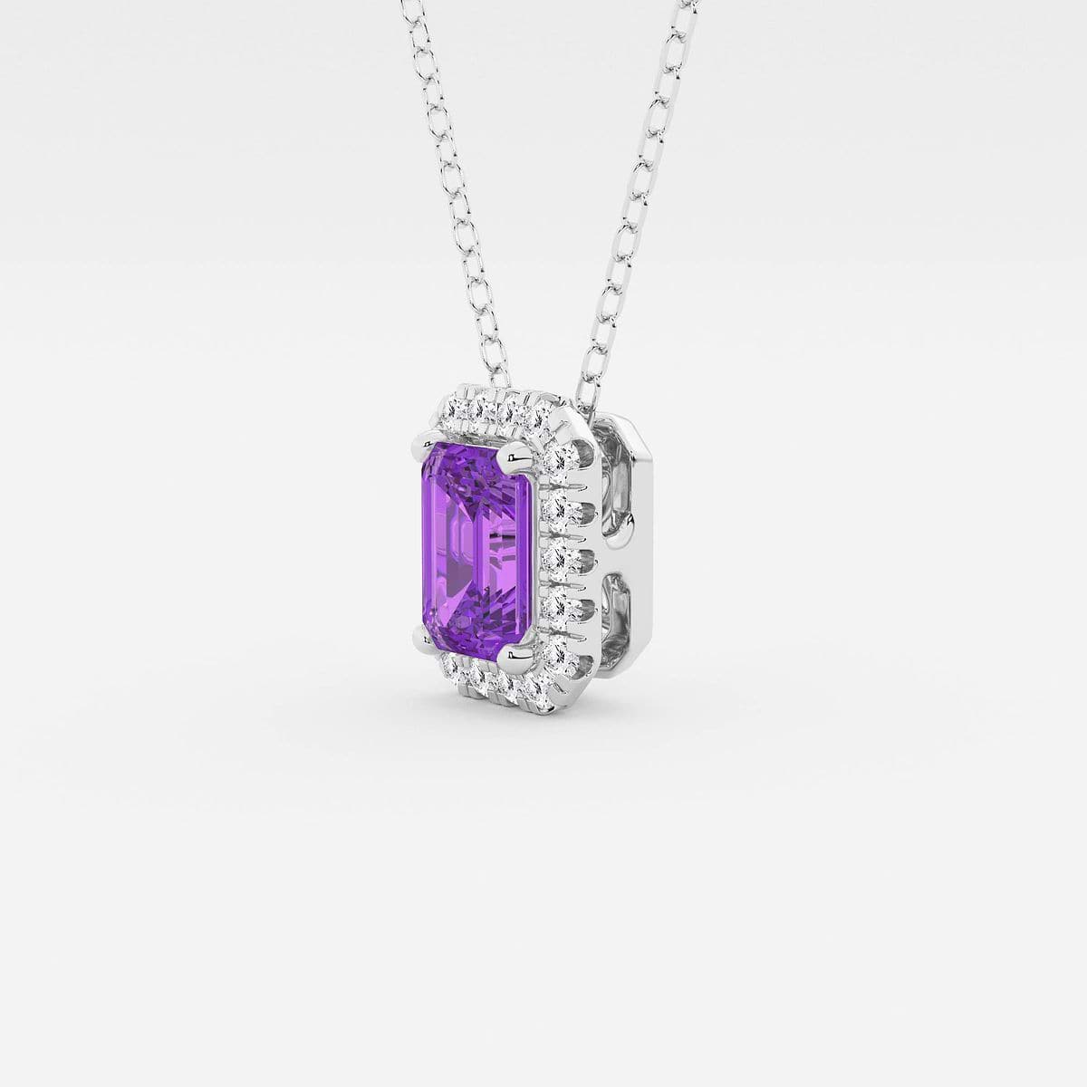6.7x4.69 mm Emerald Cut Created Amethyst and 1/5 ctw Round Lab Grown Diamond Halo Pendant with Adjustable Chain 14K White Gold