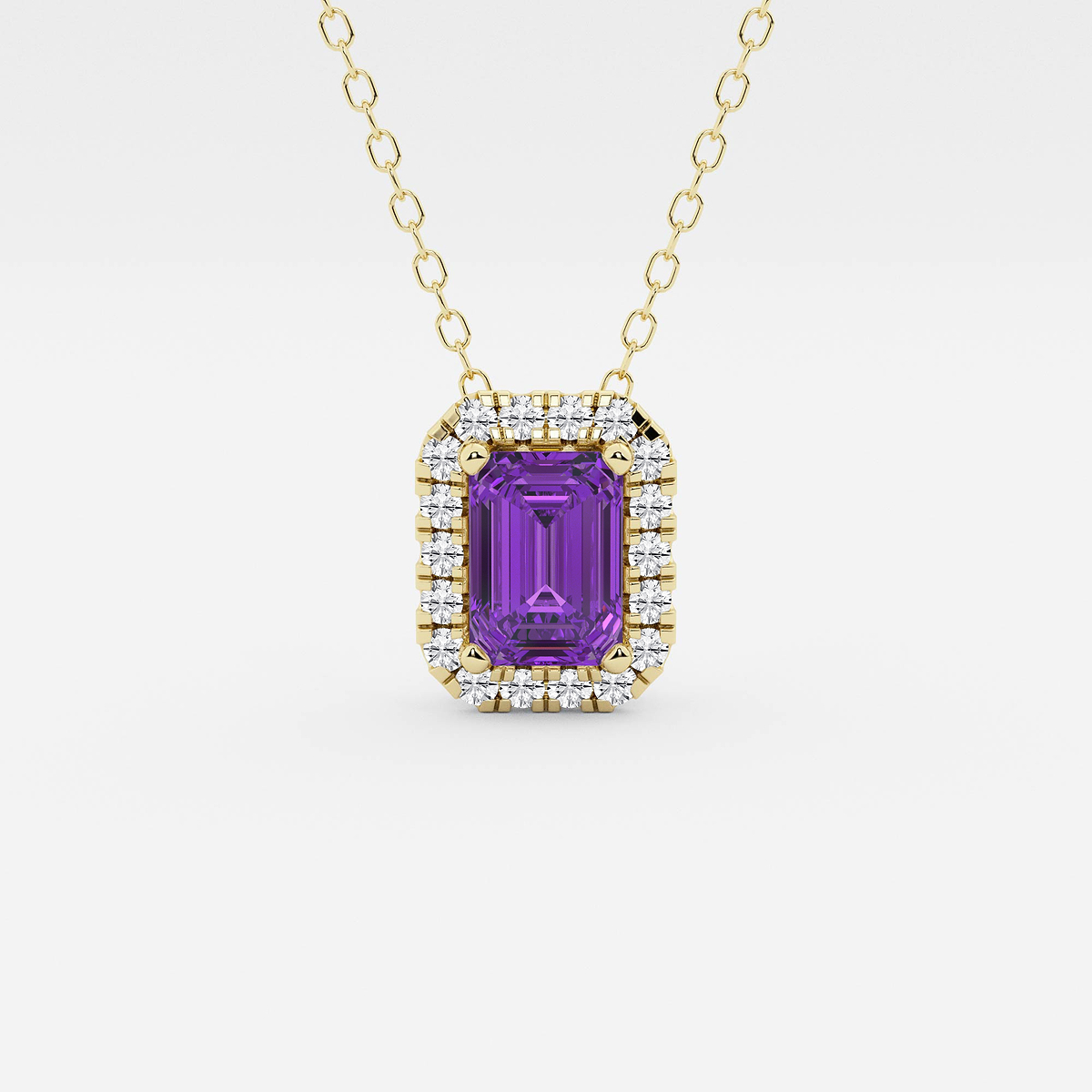 6.7x4.69 mm Emerald Cut Created Amethyst and 1/5 ctw Round Lab Grown Diamond Halo Pendant with Adjustable Chain