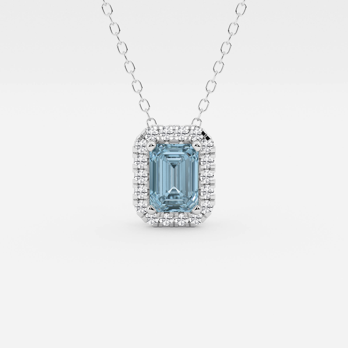 6.7x4.69 mm Emerald Cut Created Aquamarine and 1/5 ctw Round Lab Grown Diamond Halo Pendant with Adjustable Chain