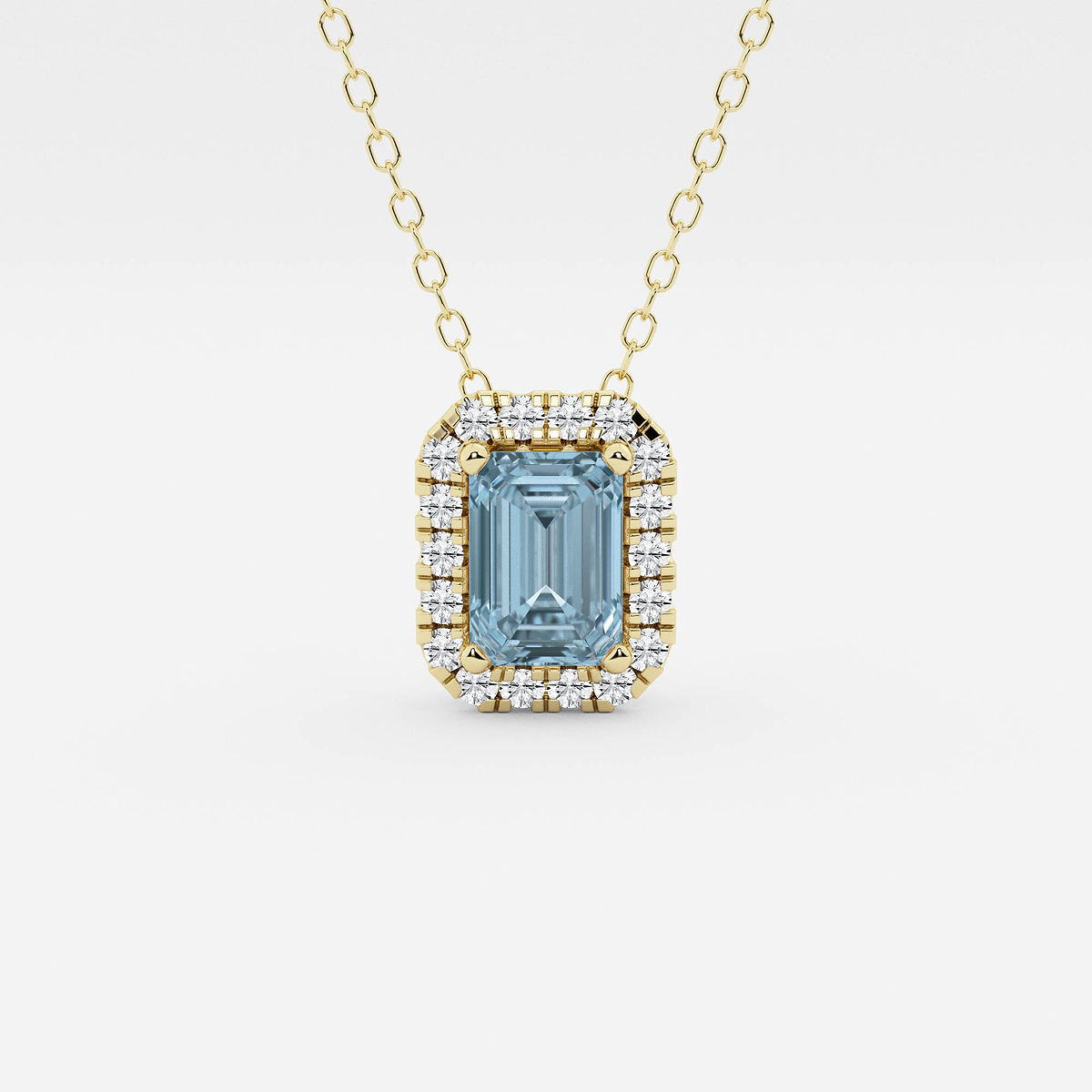 6.7x4.69 mm Emerald Cut Created Aquamarine and 1/5 ctw Round Lab Grown Diamond Halo Pendant with Adjustable Chain