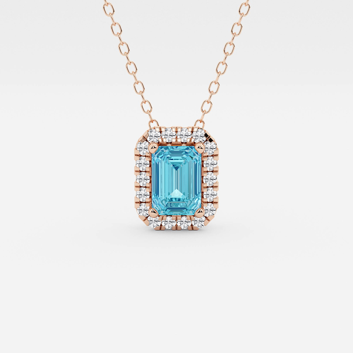 6.7x4.69 mm Emerald Cut Created Blue Topaz and 1/5 ctw Round Lab Grown Diamond Halo Pendant with Adjustable Chain