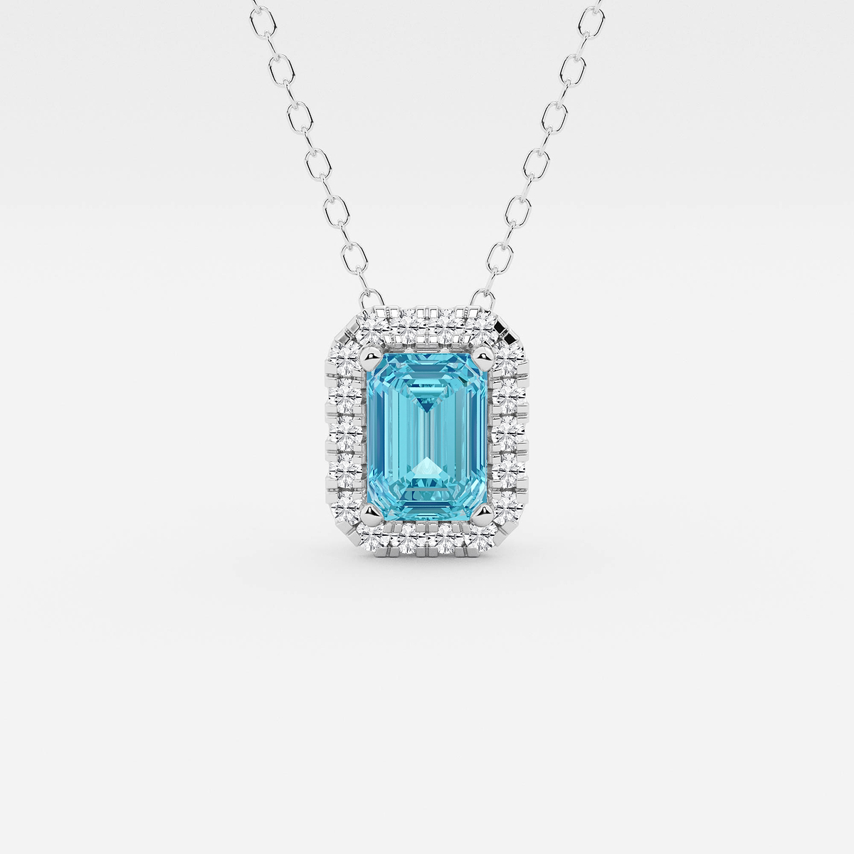 6.7x4.69 mm Emerald Cut Created Blue Topaz and 1/5 ctw Round Lab Grown Diamond Halo Pendant with Adjustable Chain