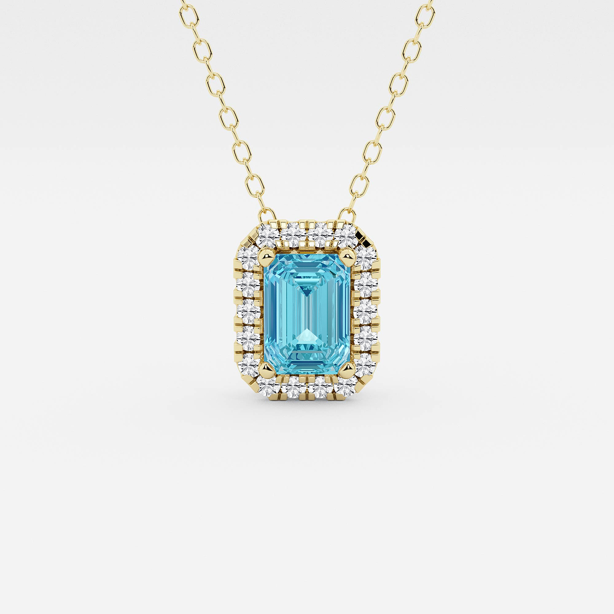 6.7x4.69 mm Emerald Cut Created Blue Topaz and 1/5 ctw Round Lab Grown Diamond Halo Pendant with Adjustable Chain