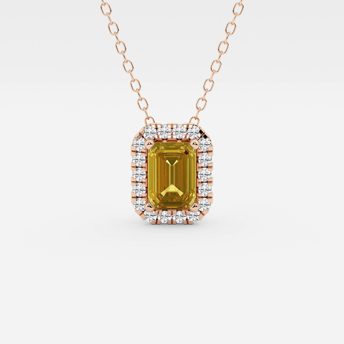 6.7x4.69 mm Emerald Cut Created Citrine and 1/5 ctw Round Lab Grown Diamond Halo Pendant with Adjustable Chain
