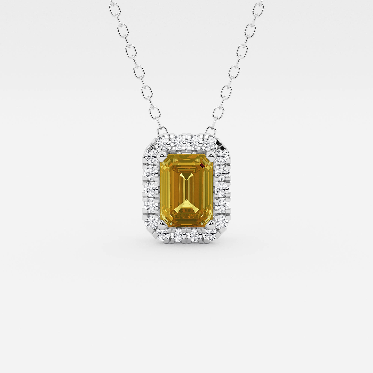 6.7x4.69 mm Emerald Cut Created Citrine and 1/5 ctw Round Lab Grown Diamond Halo Pendant with Adjustable Chain