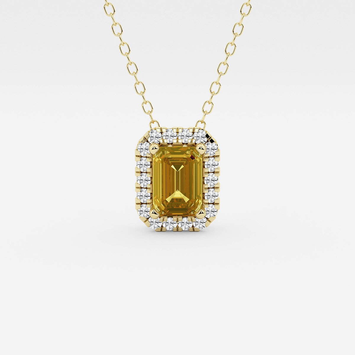 6.7x4.69 mm Emerald Cut Created Citrine and 1/5 ctw Round Lab Grown Diamond Halo Pendant with Adjustable Chain