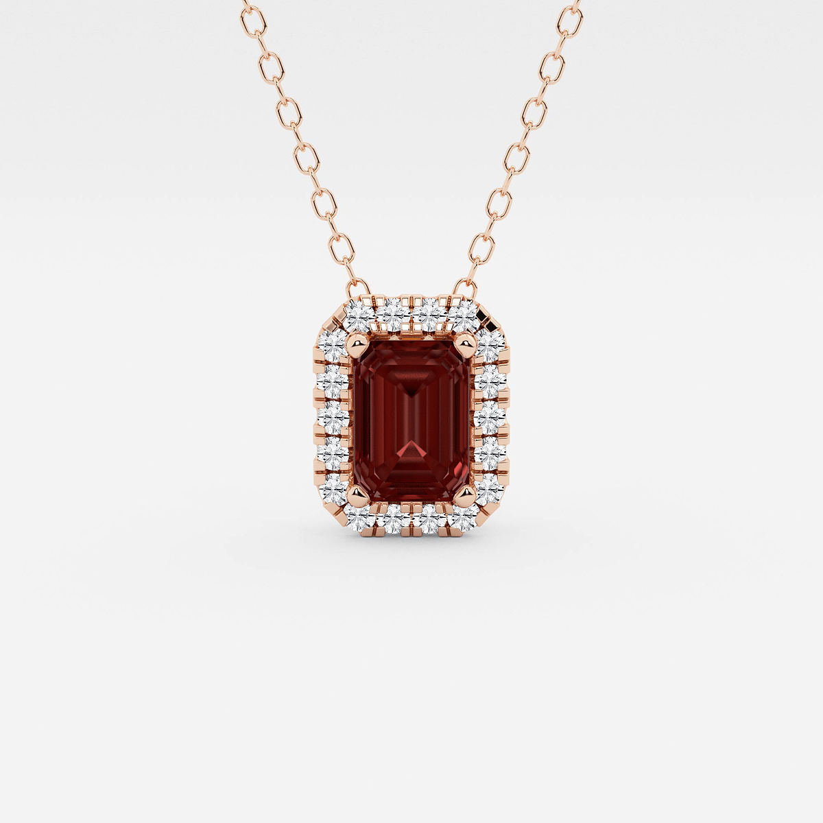 6.7x4.69 mm Emerald Cut Created Garnite and 1/5 ctw Round Lab Grown Diamond Halo Pendant with Adjustable Chain