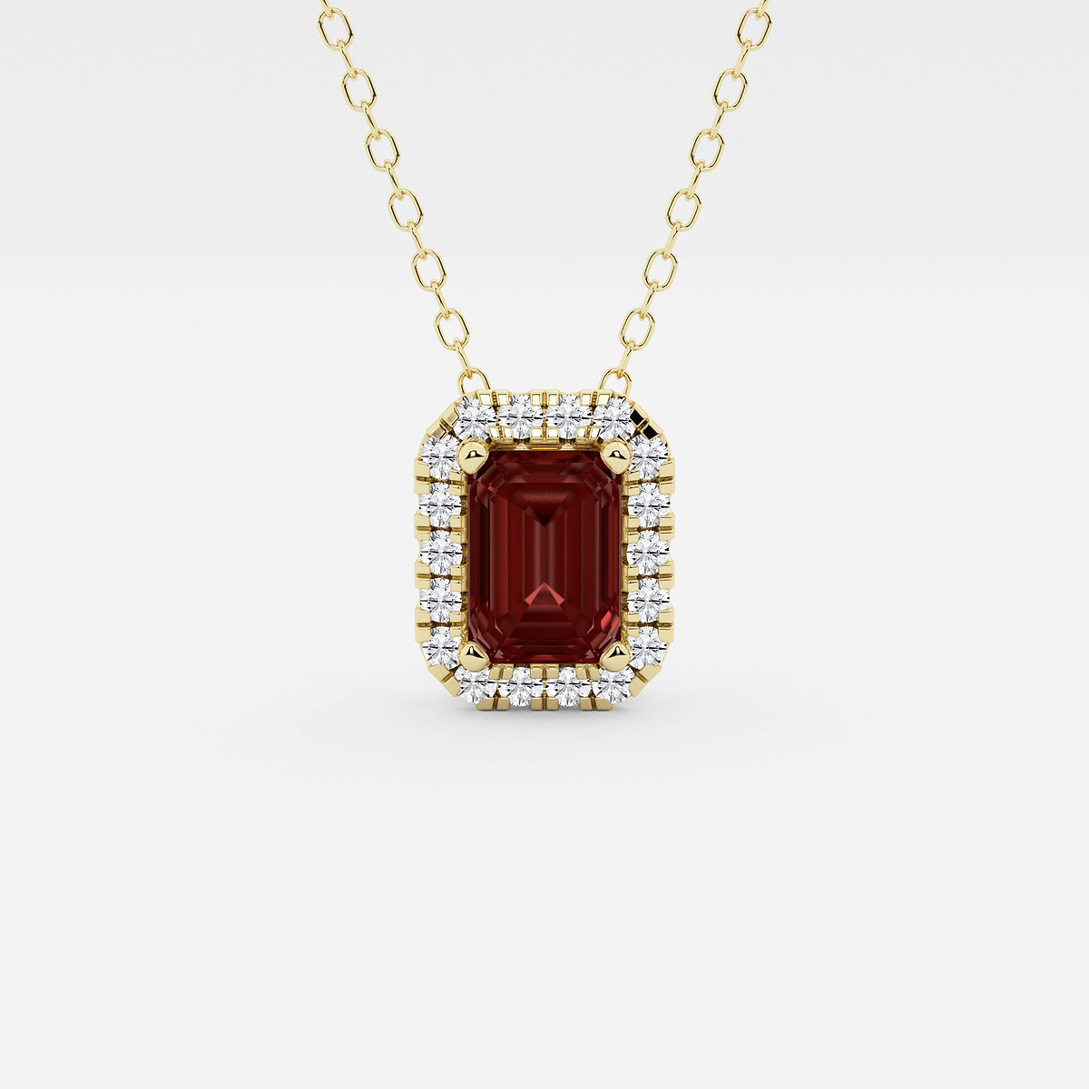 6.7x4.69 mm Emerald Cut Created Garnite and 1/5 ctw Round Lab Grown Diamond Halo Pendant with Adjustable Chain