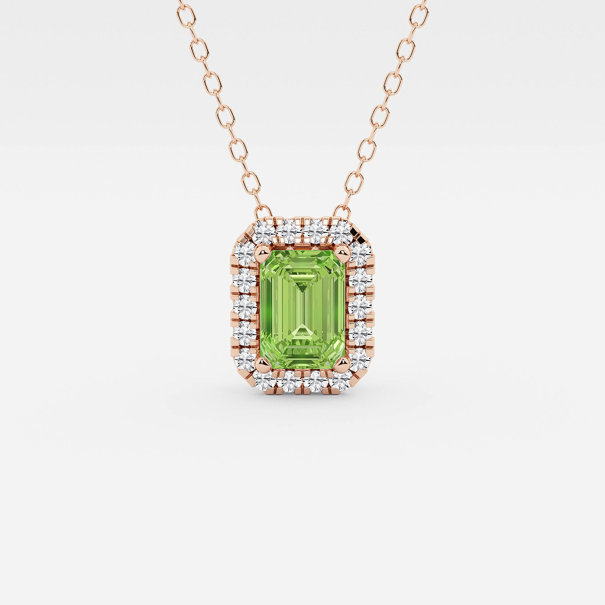 6.7x4.69 mm Emerald Cut Created Peridot and 1/5 ctw Round Lab Grown Diamond Halo Pendant with Adjustable Chain