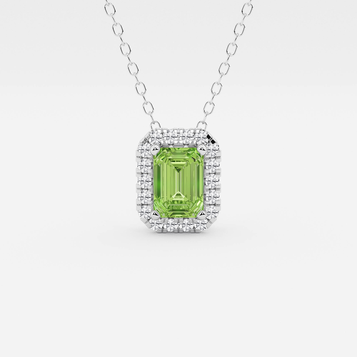 6.7x4.69 mm Emerald Cut Created Peridot and 1/5 ctw Round Lab Grown Diamond Halo Pendant with Adjustable Chain