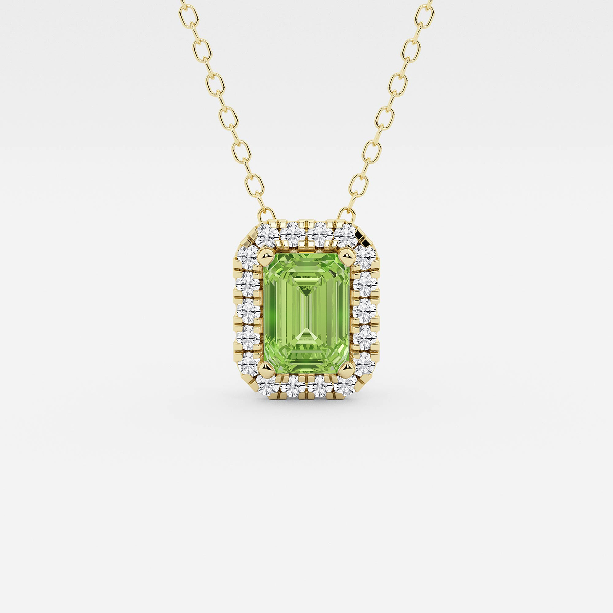 6.7x4.69 mm Emerald Cut Created Peridot and 1/5 ctw Round Lab Grown Diamond Halo Pendant with Adjustable Chain