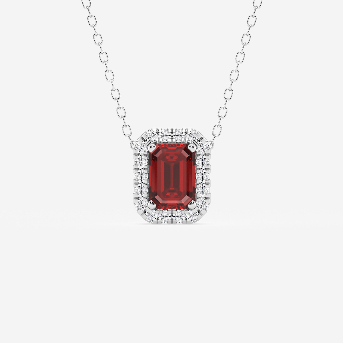 6.7x4.69 mm Emerald Cut Created Ruby and 1/5 ctw Round Lab Grown Diamond Halo Pendant with Adjustable Chain