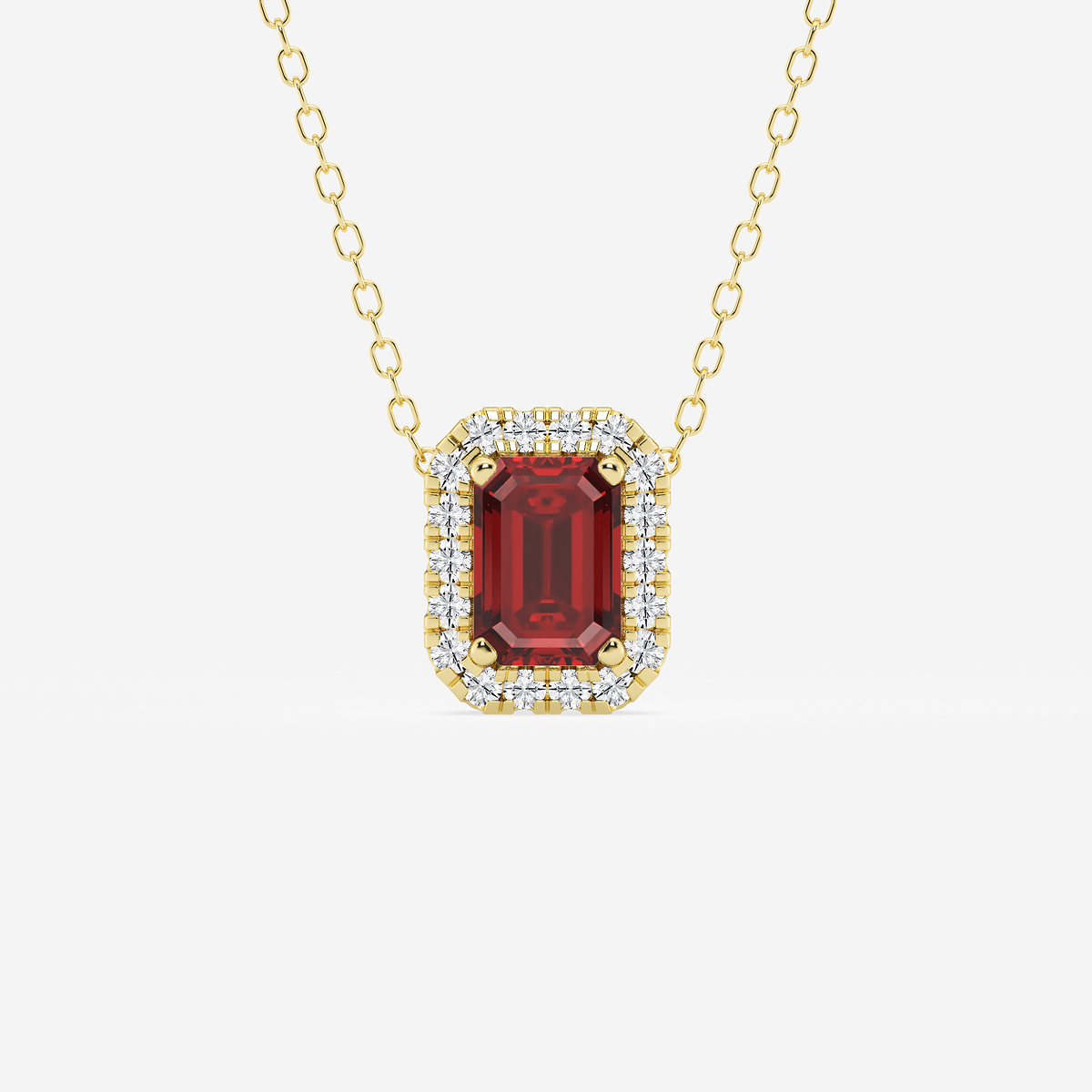 6.7x4.69 mm Emerald Cut Created Ruby and 1/5 ctw Round Lab Grown Diamond Halo Pendant with Adjustable Chain
