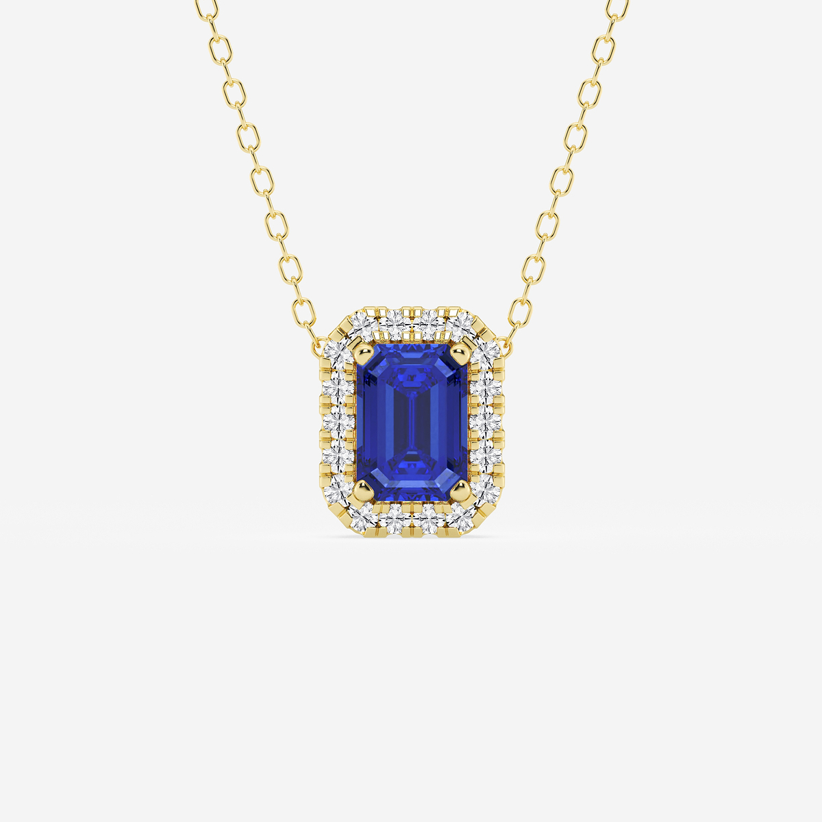6.7x4.69 mm Emerald Cut Created Sapphire and 1/5 ctw Round Lab Grown Diamond Halo Pendant with Adjustable Chain