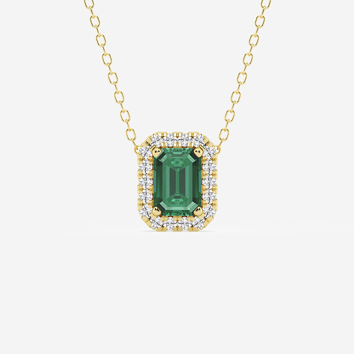 Emerald Halo - 6.7x4.69 mm Green Emerald and 1/5 ctw Round Lab Grown Diamond Halo Pendant with Adjustable Chain