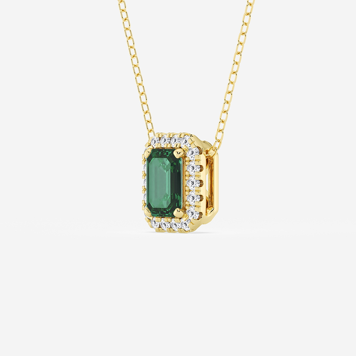 Emerald Halo - 6.7x4.69 mm Green Emerald and 1/5 ctw Round Lab Grown Diamond Halo Pendant with Adjustable Chain