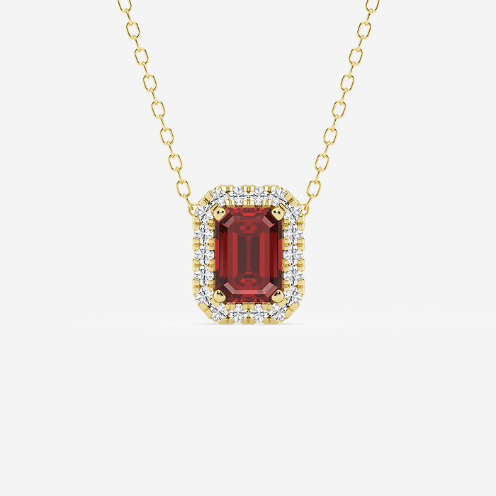 Ruby Emerald Halo - 6.7x4.69 mm Emerald Cut Ruby and 1/5 ctw Round Lab Grown Diamond Halo Pendant with Adjustable Chain