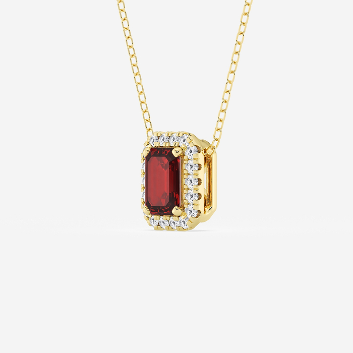 Ruby Emerald Halo - 6.7x4.69 mm Emerald Cut Ruby and 1/5 ctw Round Lab Grown Diamond Halo Pendant with Adjustable Chain