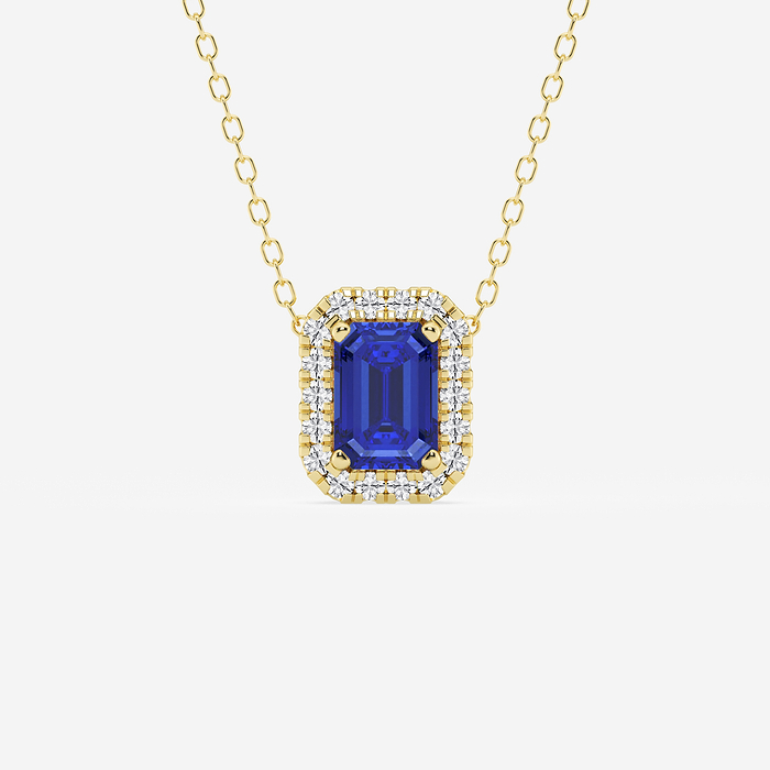Sapphire Emerald Halo - 6.7x4.69 mm Emerald Cut Sapphire and 1/5 ctw Round Lab Grown Diamond Halo Pendant with Adjustable Chain