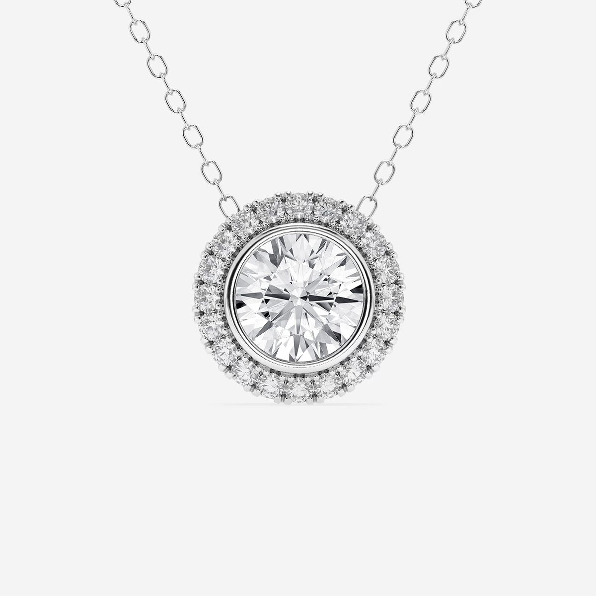 1 3/4 ctw Round Lab Grown Diamond Bezel Set Halo Pendant with Adjustable Chain