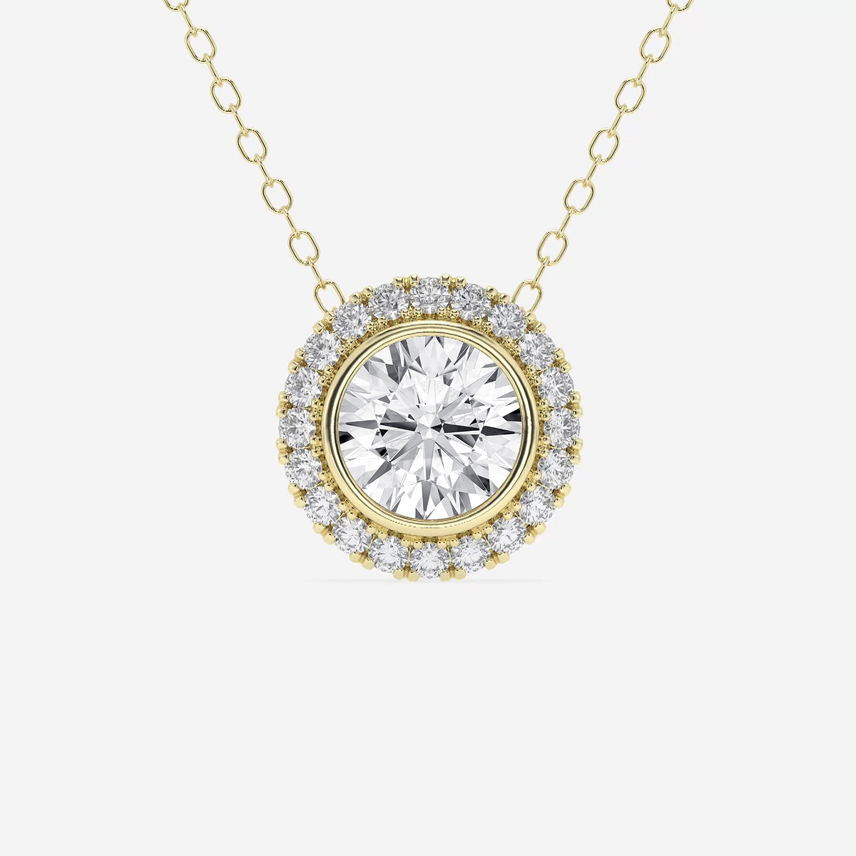 1 3/4 ctw Round Lab Grown Diamond Bezel Set Halo Pendant with Adjustable Chain