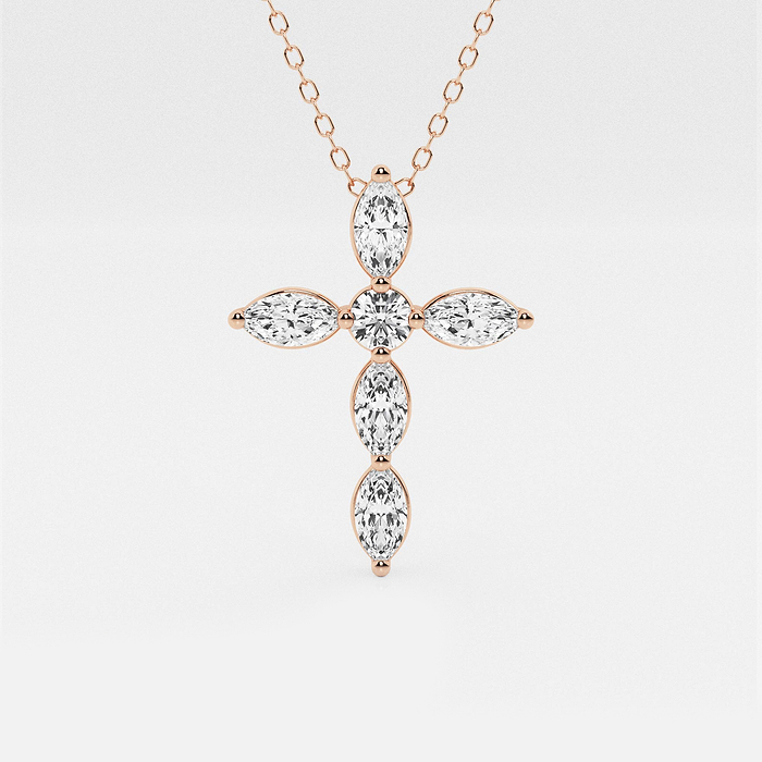 Cross Pendant - 1 ctw Marquise and Round Lab Grown Diamond Cross Pendant with Adjustable Chain