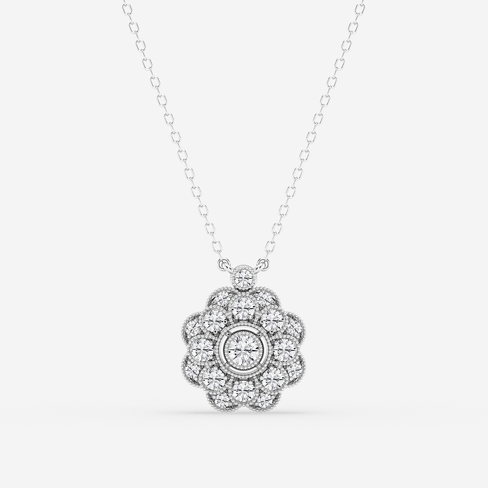 Flower Dangle - 3/4 ctw Round Lab Grown Diamond Vintage Floral Milgrain Pendant