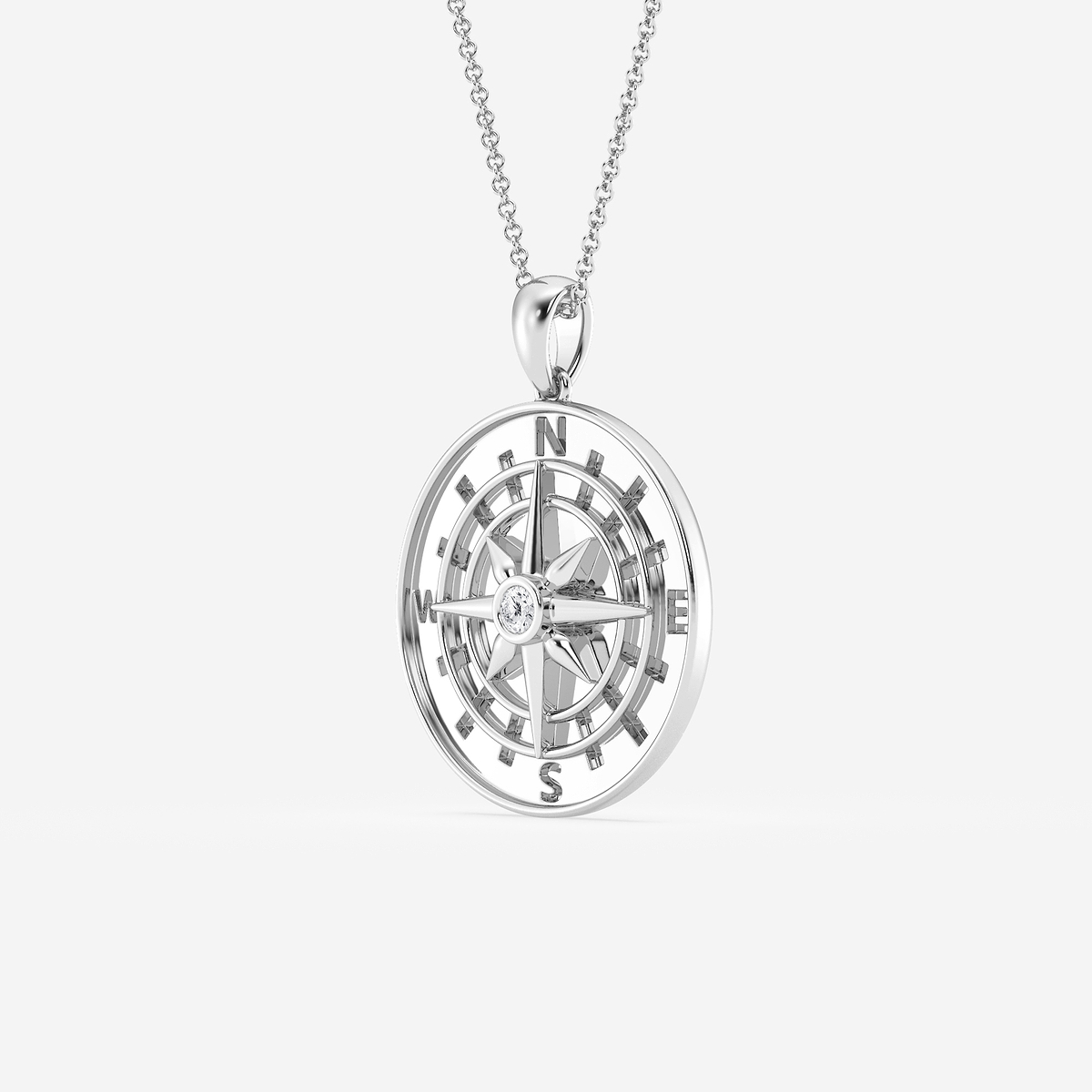 1/10 ctw Round Lab Grown Diamond Compass Fashion Pendant Sterling Silver, F, VS2
