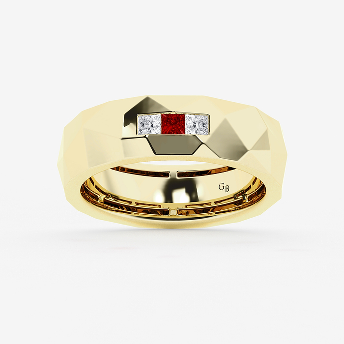 Design ID 13043 - GB Custom 2.40 X 2.40 mm Princess Cut Created Ruby and 1/6 ctw Princess Lab Grown Diamond Wedding Band Hammer Finish