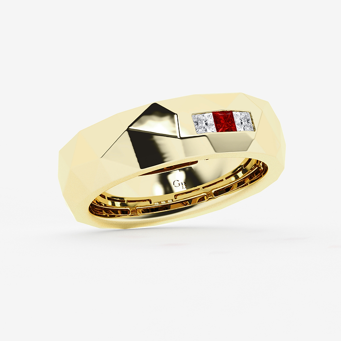Design ID 13043 - GB Custom 2.40 X 2.40 mm Princess Cut Created Ruby and 1/6 ctw Princess Lab Grown Diamond Wedding Band Hammer Finish