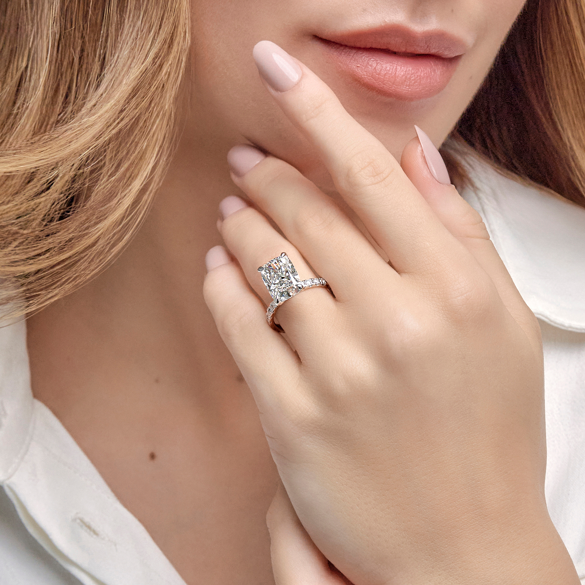 7 ctw Elongated Cushion Lab Grown Diamond Eternity Engagement Ring 14K White Gold, E, VS1