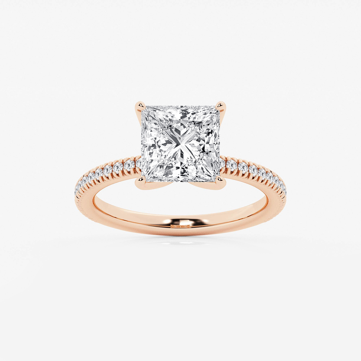 3 1/5 ctw Princess Lab Grown Diamond Scalloped classic Pave Solitaire Engagement Ring with Side Accents