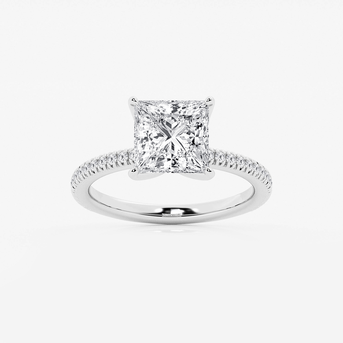 3 1/5 ctw Princess Lab Grown Diamond Scalloped classic Pave Solitaire Engagement Ring with Side Accents