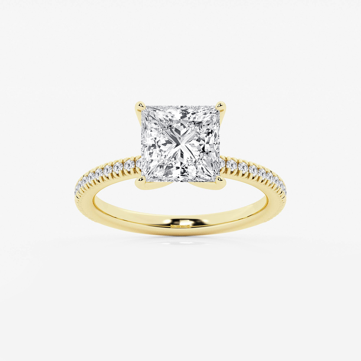 3 1/5 ctw Princess Lab Grown Diamond Scalloped classic Pave Solitaire Engagement Ring with Side Accents
