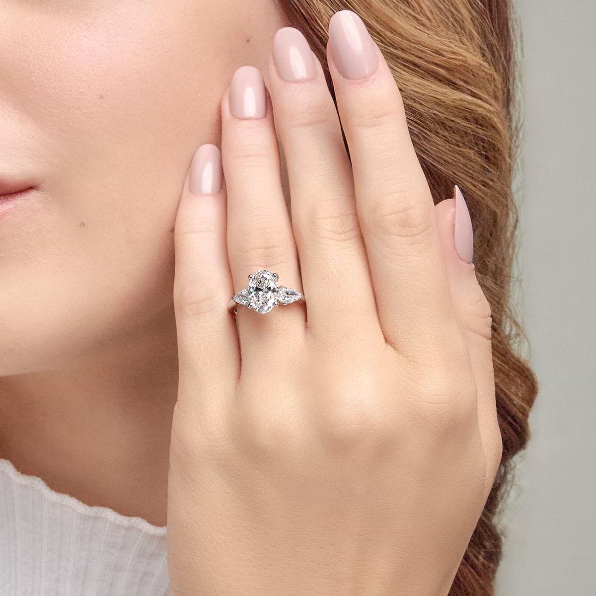 2 2/3 ctw Oval Lab Grown Diamond Engagement Ring with Pear Side Accents 14K Yellow Gold, E, VS1