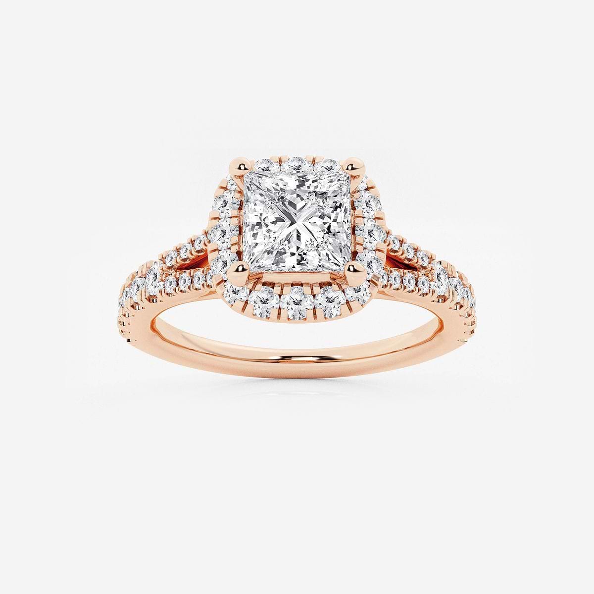 1 1/5 ctw Princess Lab Grown Diamond Split Shank Halo Engagement Ring 14K Rose Gold, FG, VS2+