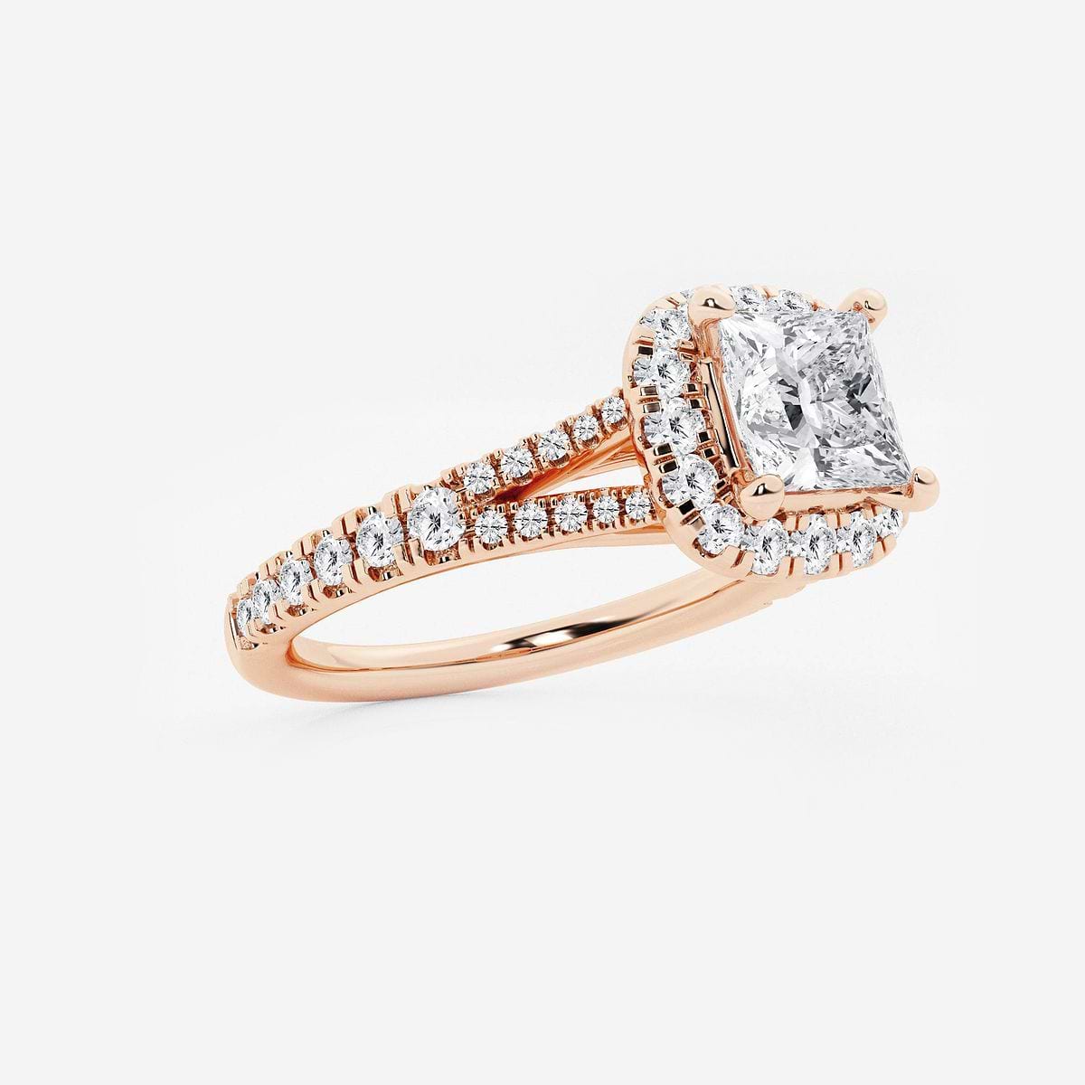1 1/5 ctw Princess Lab Grown Diamond Split Shank Halo Engagement Ring 14K Rose Gold, FG, VS2+