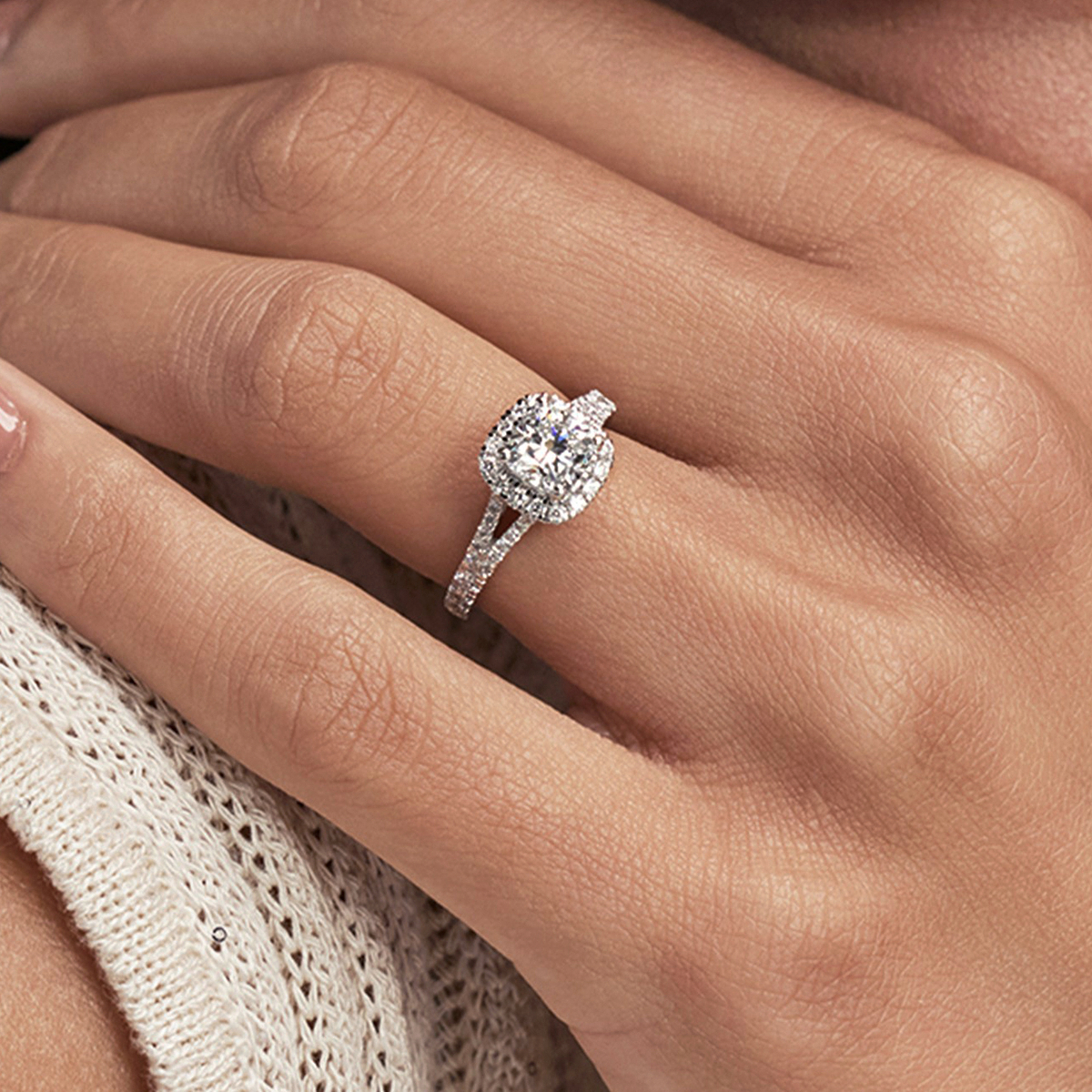 1 1/2 ctw Cushion Lab Grown Diamond Split Shank Halo Engagement Ring